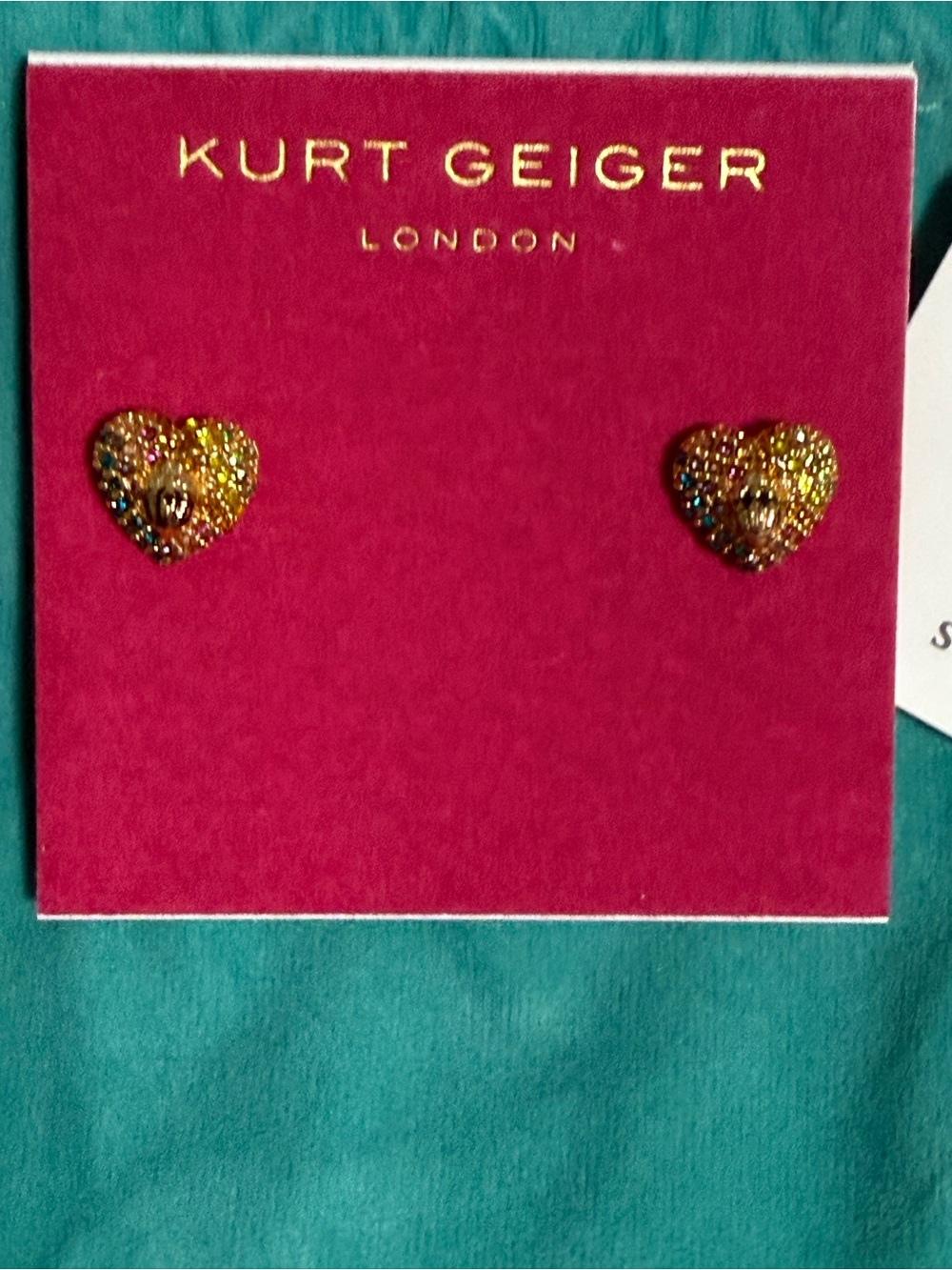 Kurt Geiger Gold tone Glitter Heart Stud Earrings! NEW with Dust Bag! ❤️